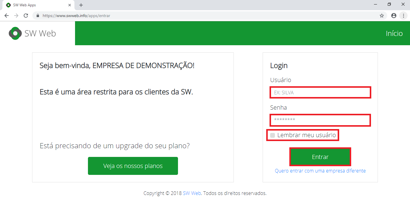 Preencher dados do usuário e clicar em Entrar na página de login da SW Web